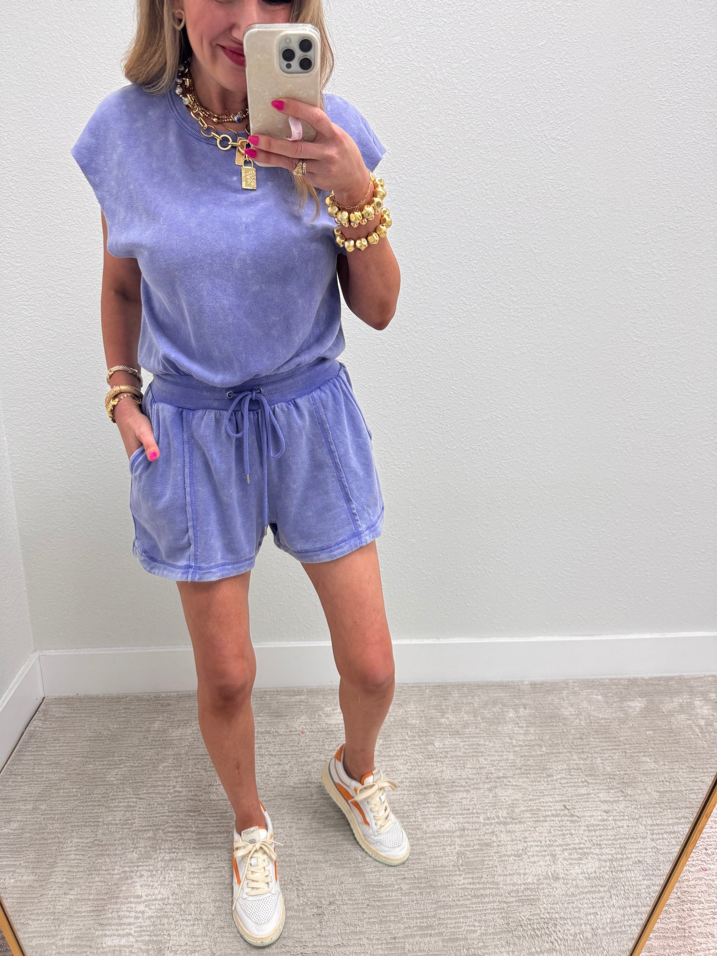 Blue Open Back Romper with Drawstring Waist