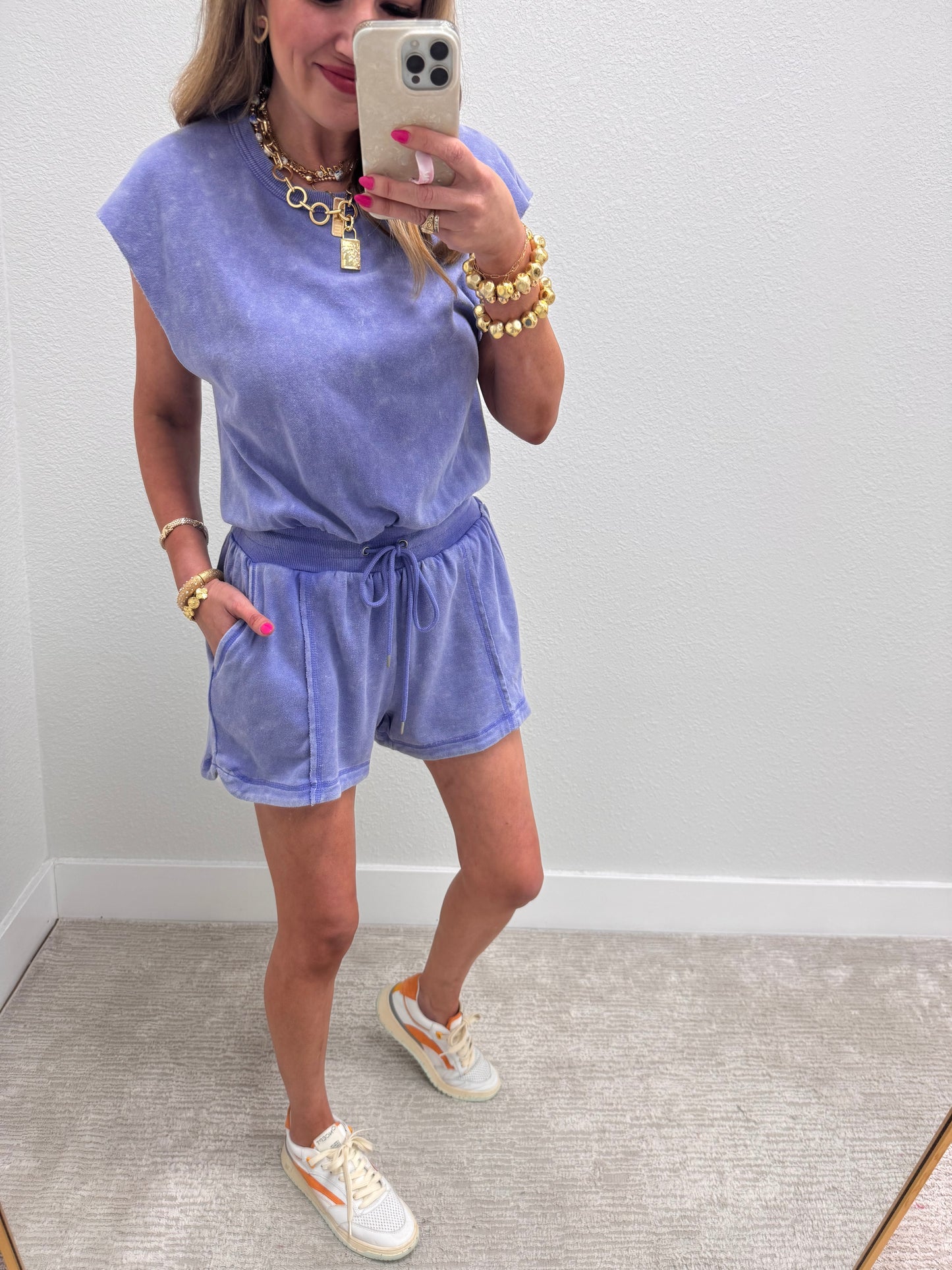Blue Open Back Romper with Drawstring Waist