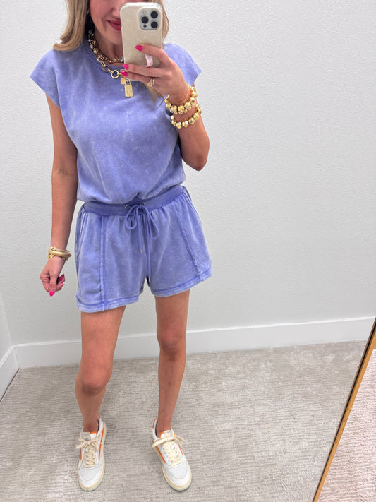 Blue Open Back Romper with Drawstring Waist