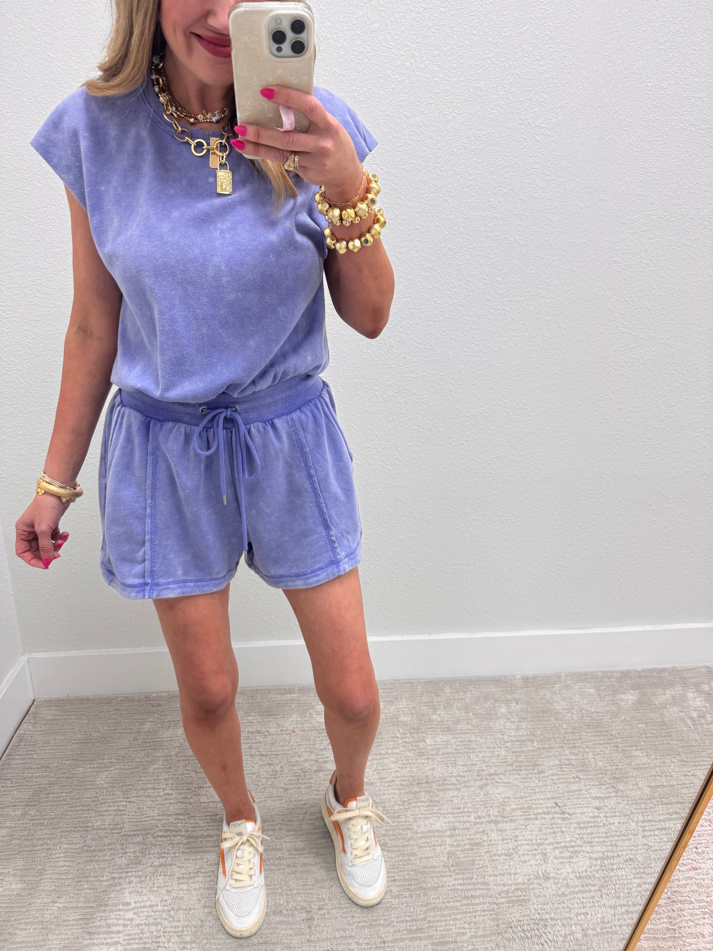 Blue Open Back Romper with Drawstring Waist