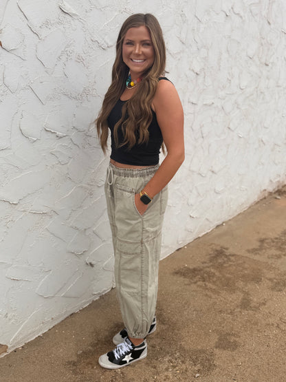 Sage Green Elastic Waist Balloon Style Jogger Pants