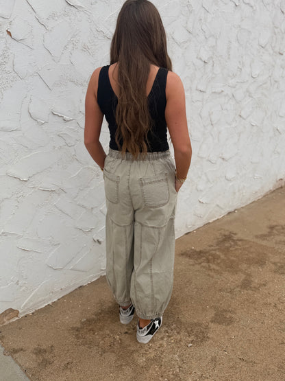Sage Green Elastic Waist Balloon Style Jogger Pants