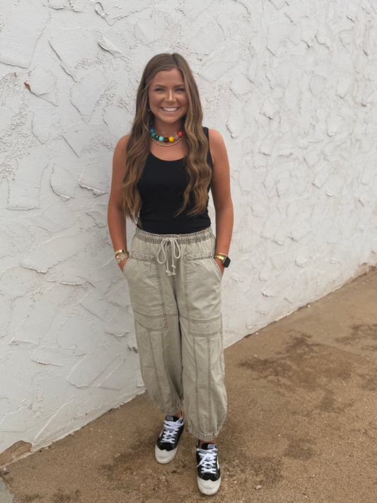Sage Green Elastic Waist Balloon Style Jogger Pants