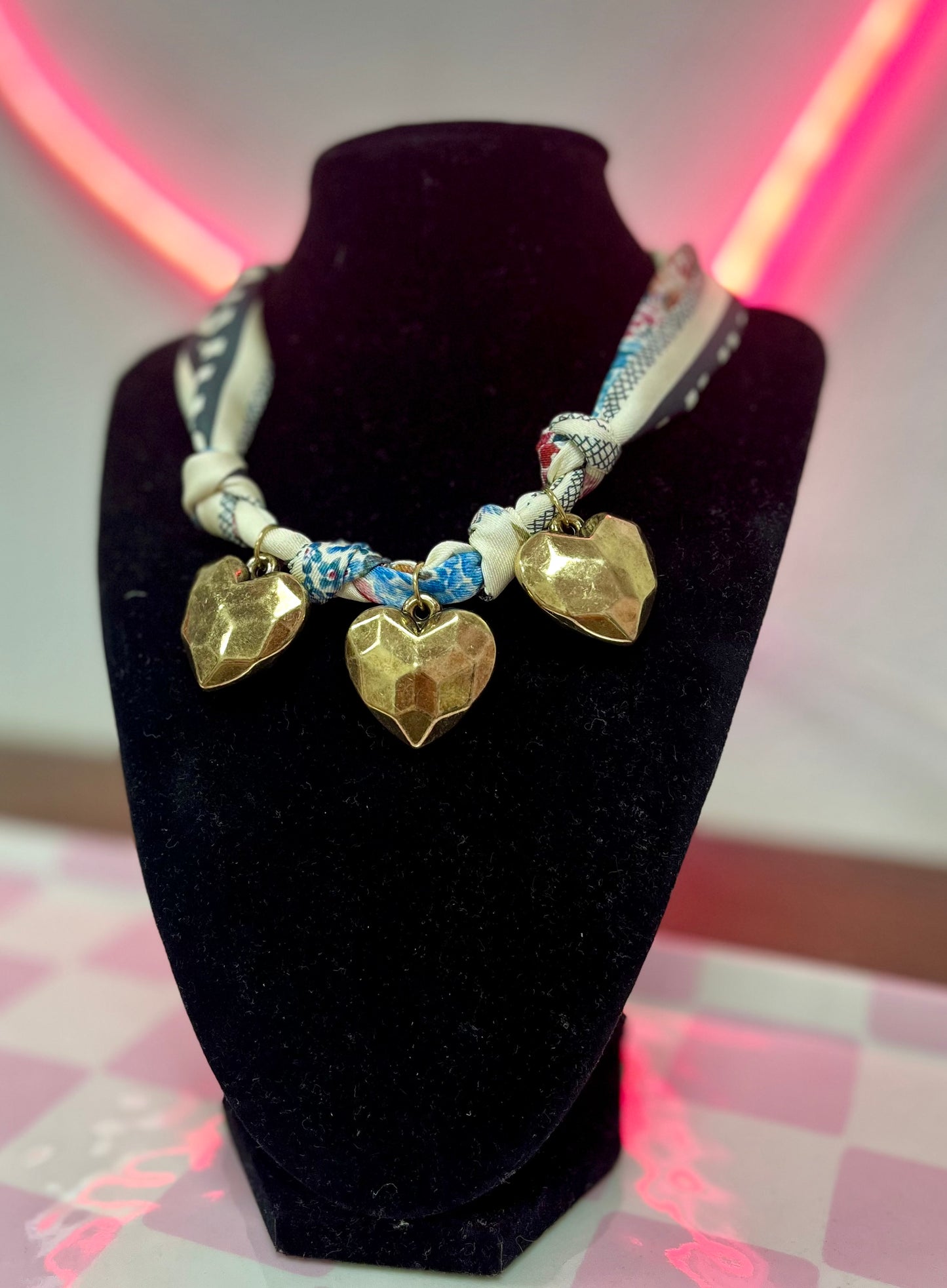 3 Heart Charm Scarf Necklace- 2 Colors