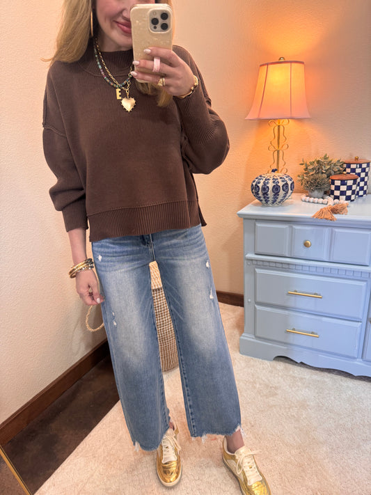 Brown Waist Length Mock Neck Sweater