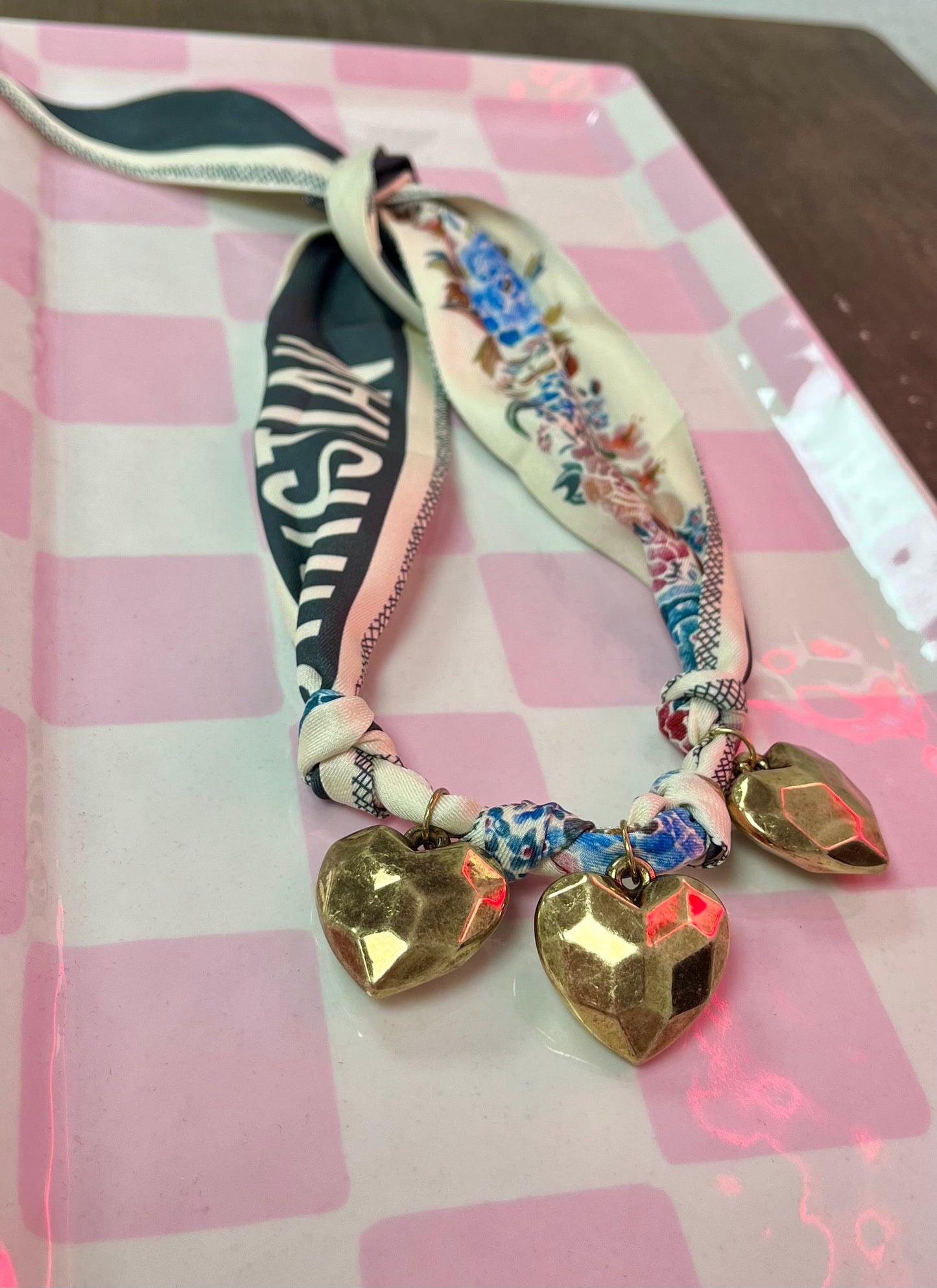 3 Heart Charm Scarf Necklace- 2 Colors