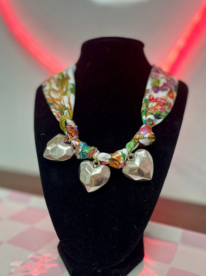 3 Heart Charm Scarf Necklace- 2 Colors