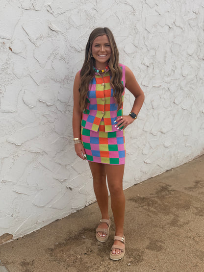 Multi-Color Checker Knit Tank & Skirt Set