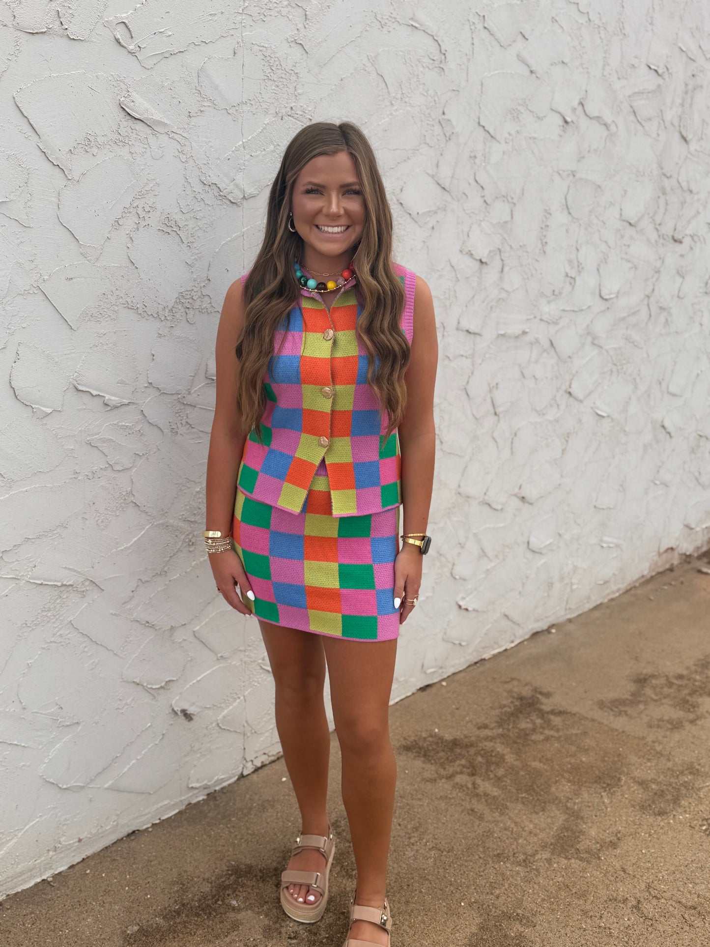 Multi-Color Checker Knit Tank & Skirt Set