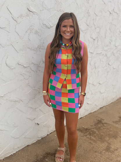 Multi-Color Checker Knit Tank & Skirt Set