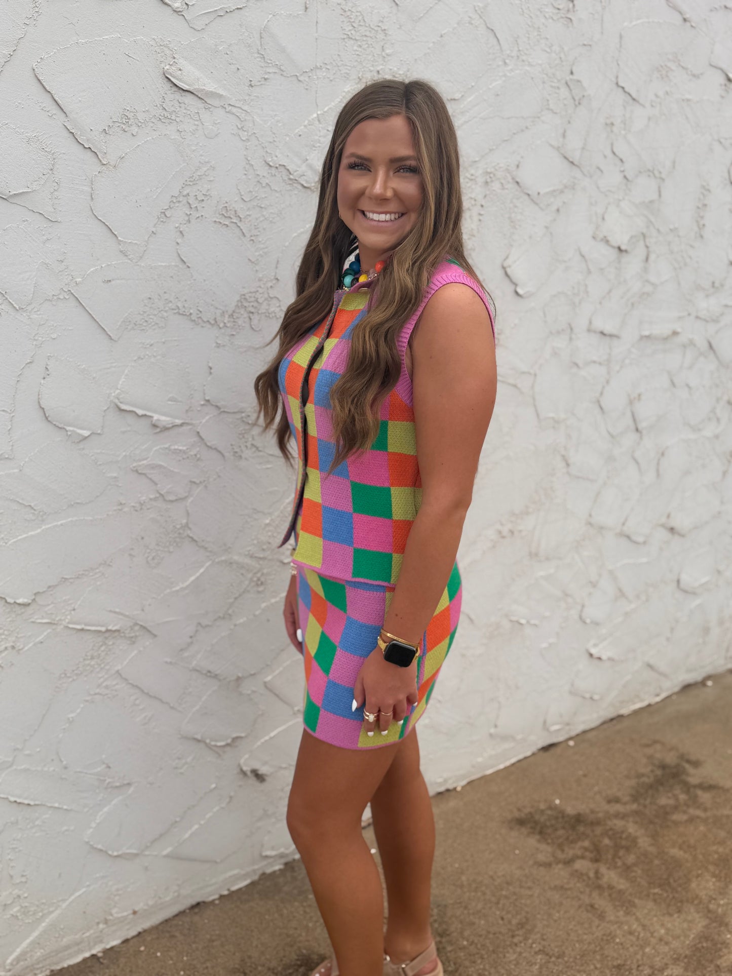 Multi-Color Checker Knit Tank & Skirt Set