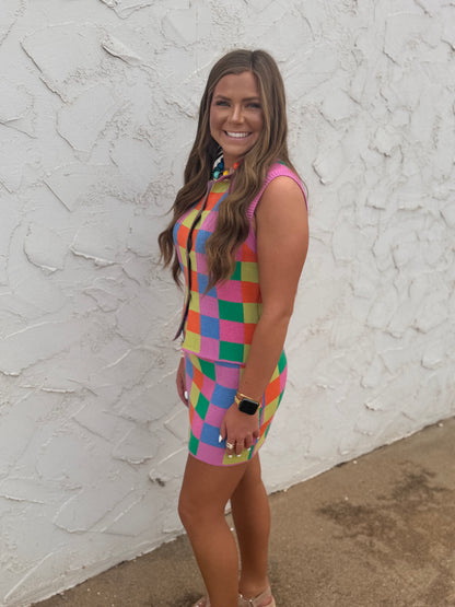 Multi-Color Checker Knit Tank & Skirt Set