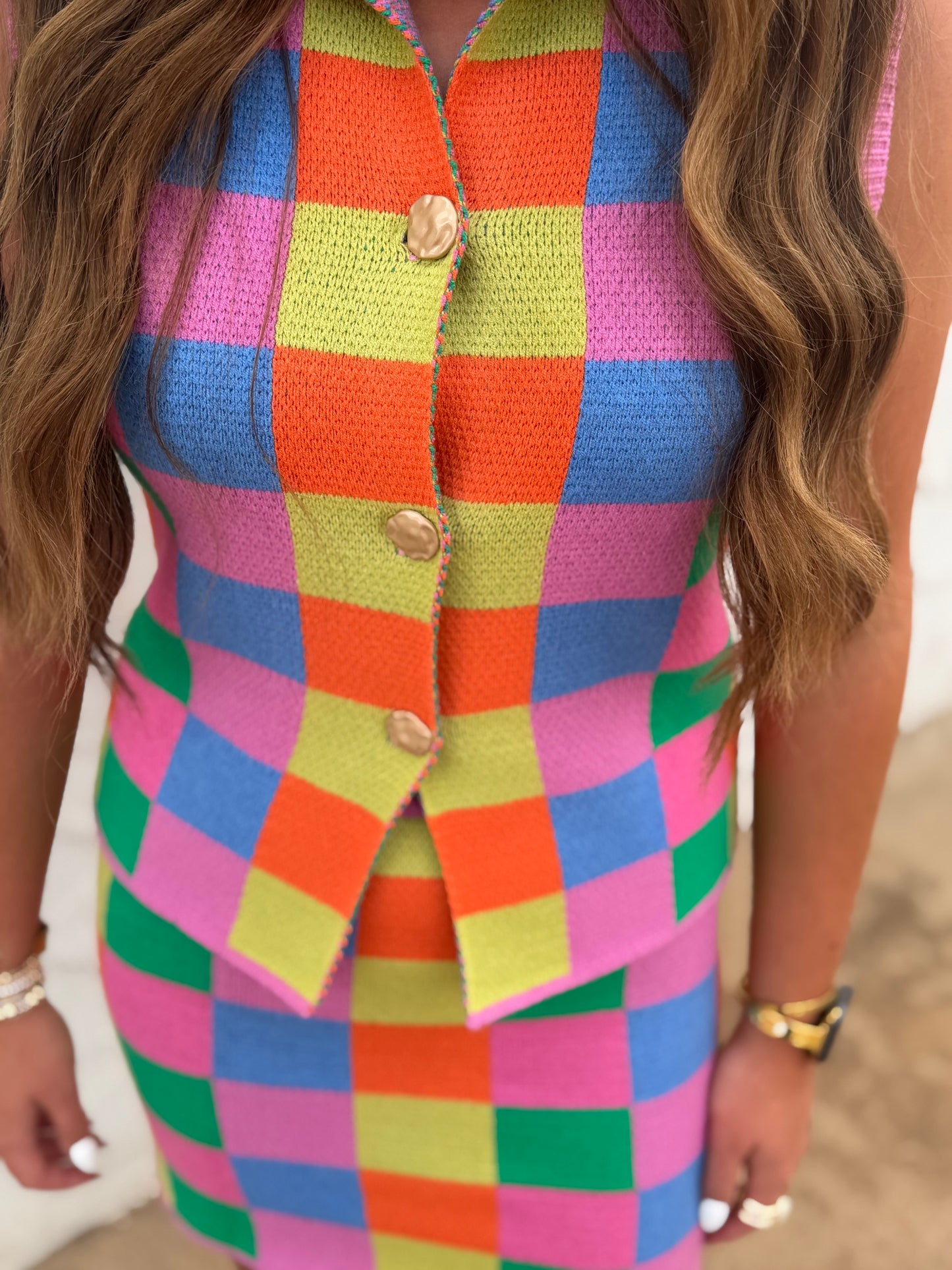 Multi-Color Checker Knit Tank & Skirt Set