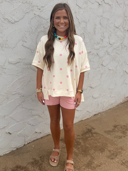 Ivory & Pink Polka Dot Print French Terry Dolman Sleeve Top