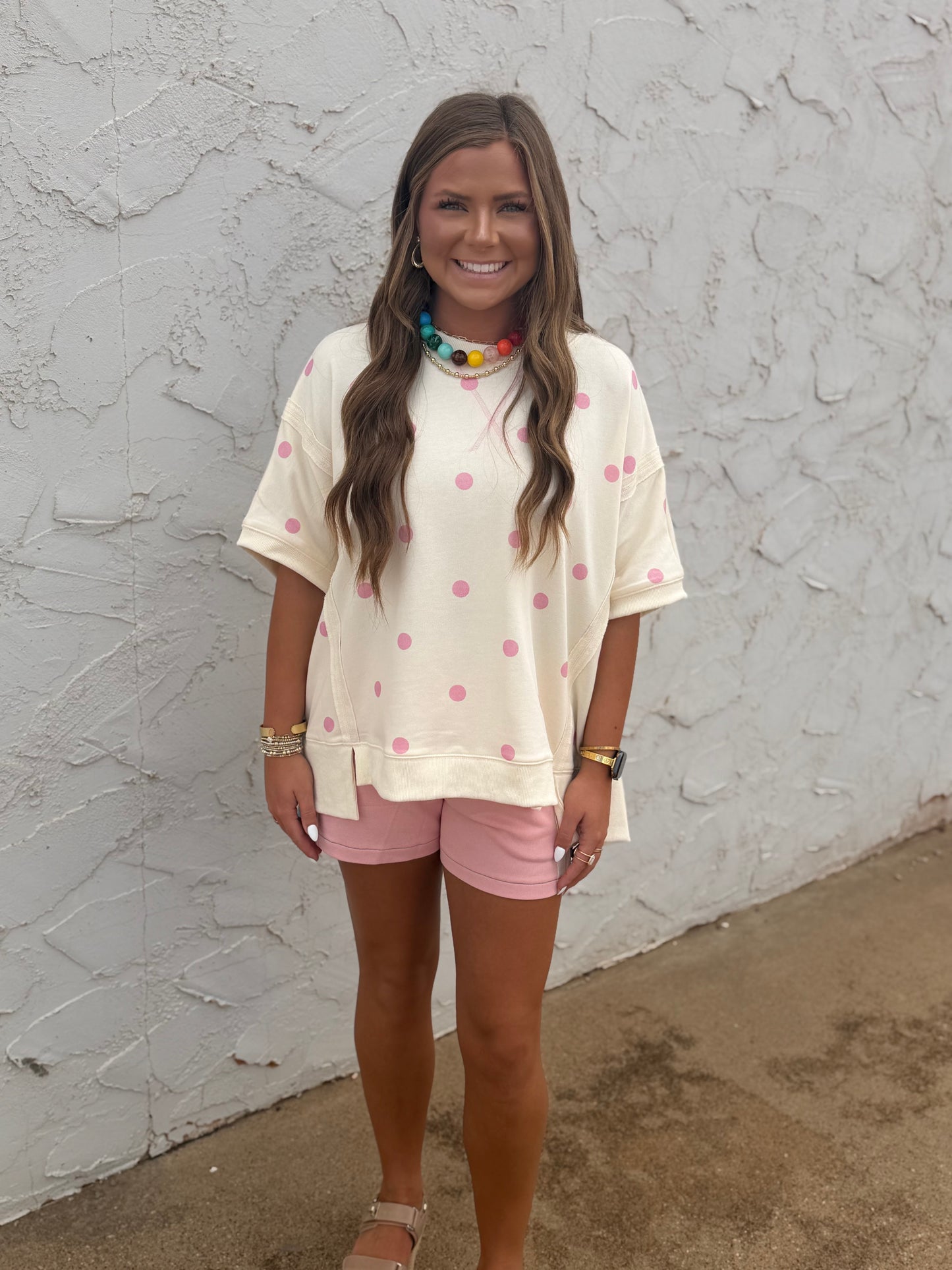 Ivory & Pink Polka Dot Print French Terry Dolman Sleeve Top