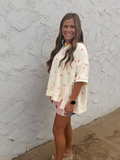 Ivory & Pink Polka Dot Print French Terry Dolman Sleeve Top