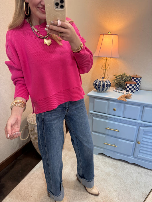 Fuchsia Waist Length Mock Neck Sweater