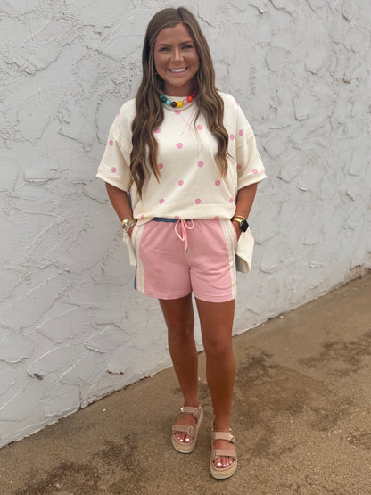 Ivory & Pink Polka Dot Print French Terry Dolman Sleeve Top