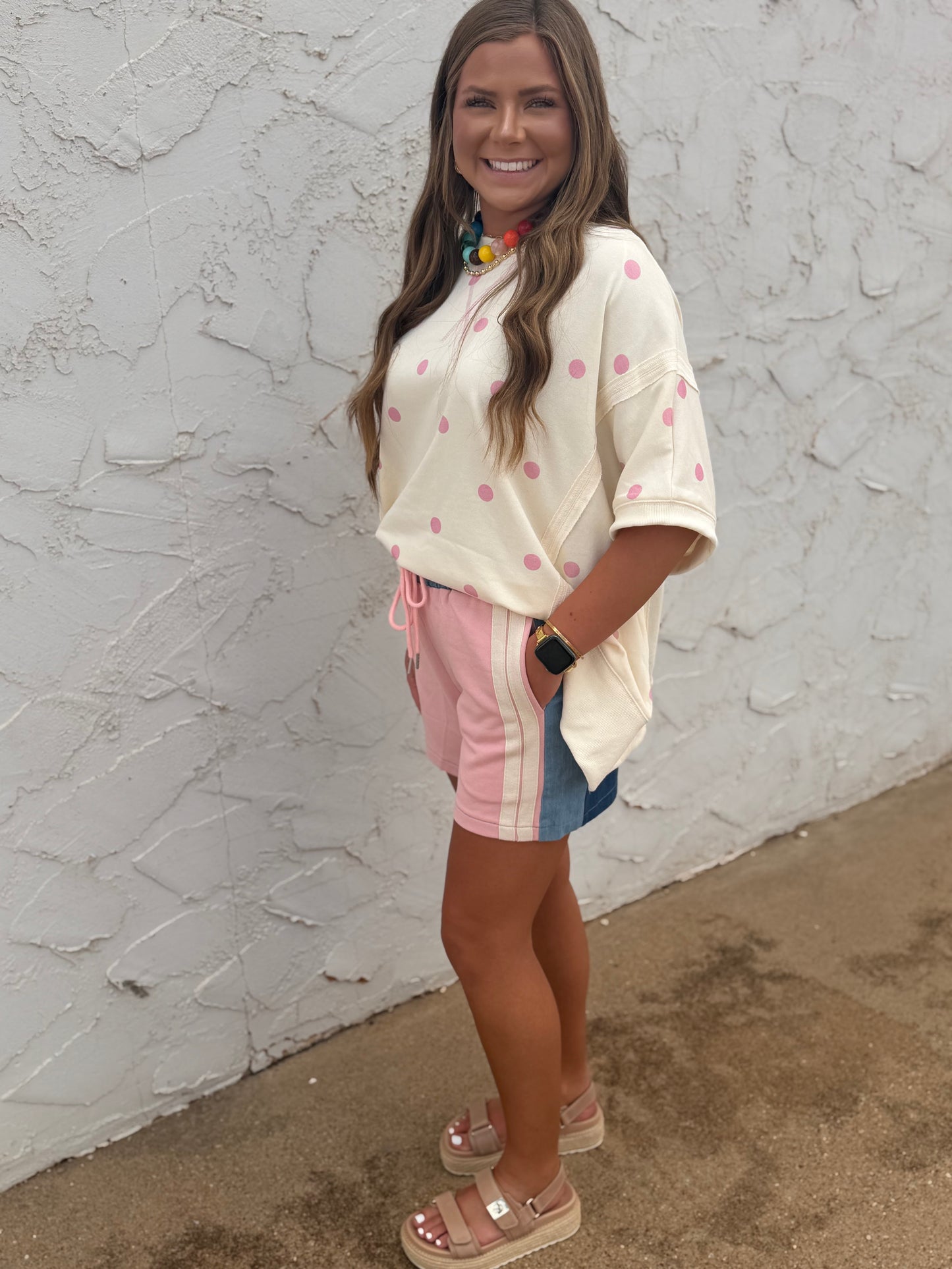 Ivory & Pink Polka Dot Print French Terry Dolman Sleeve Top