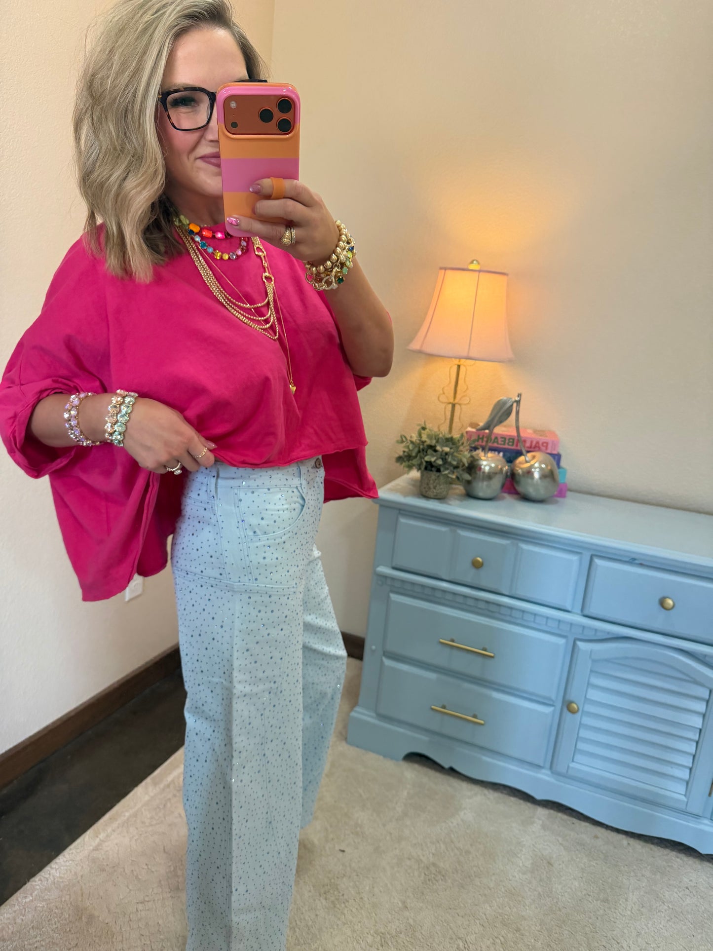 Blue Rhinestone Barrel Jeans