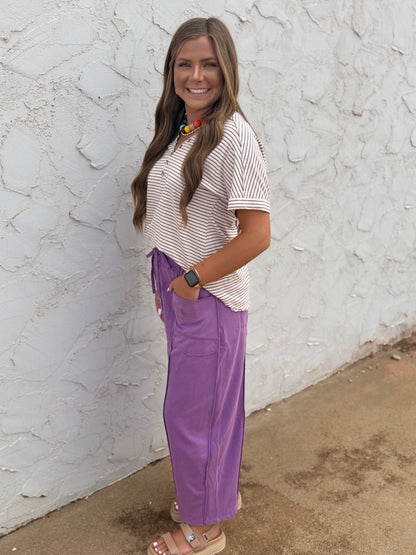 Lavender & Cream Striped Casual Knit Top