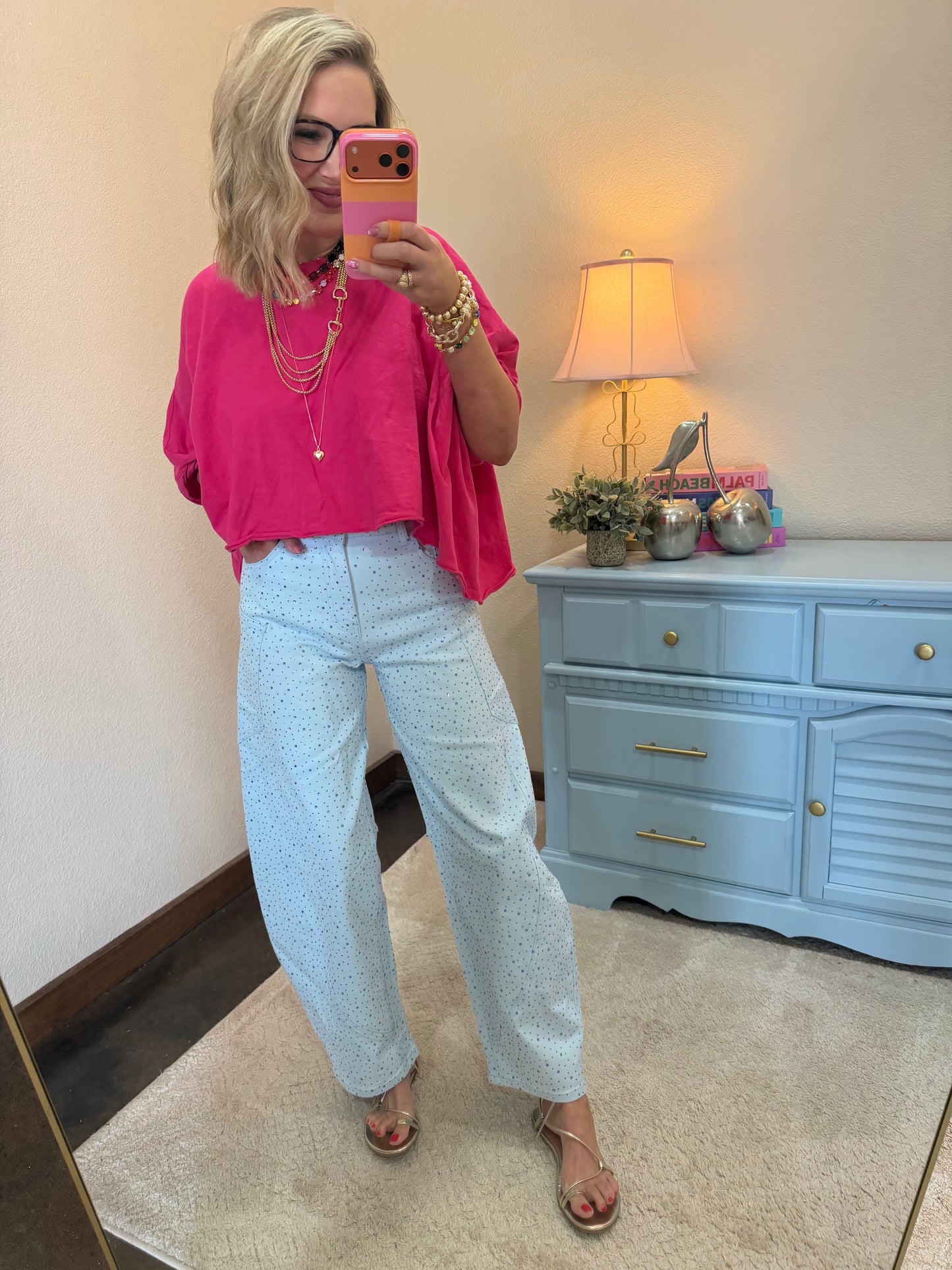 Blue Rhinestone Barrel Jeans