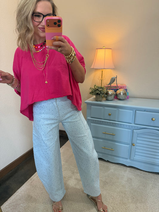 Blue Rhinestone Barrel Jeans