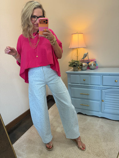 Blue Rhinestone Barrel Jeans