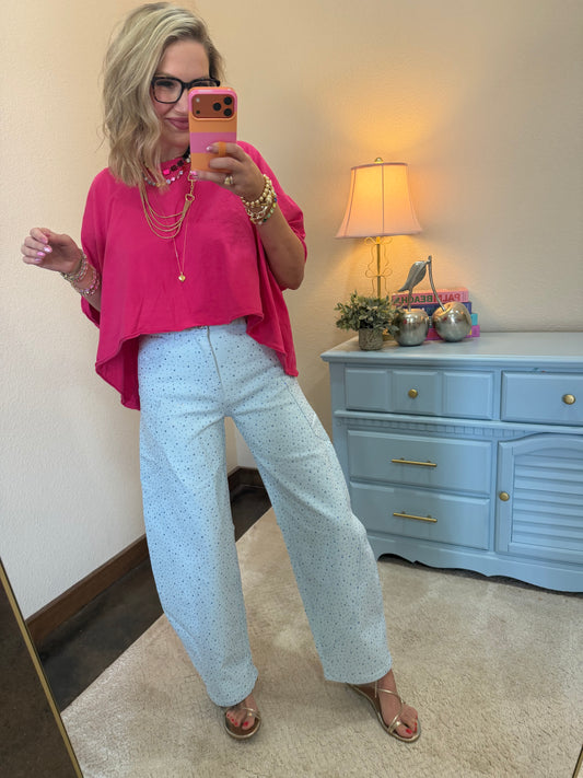 Blue Rhinestone Barrel Jeans