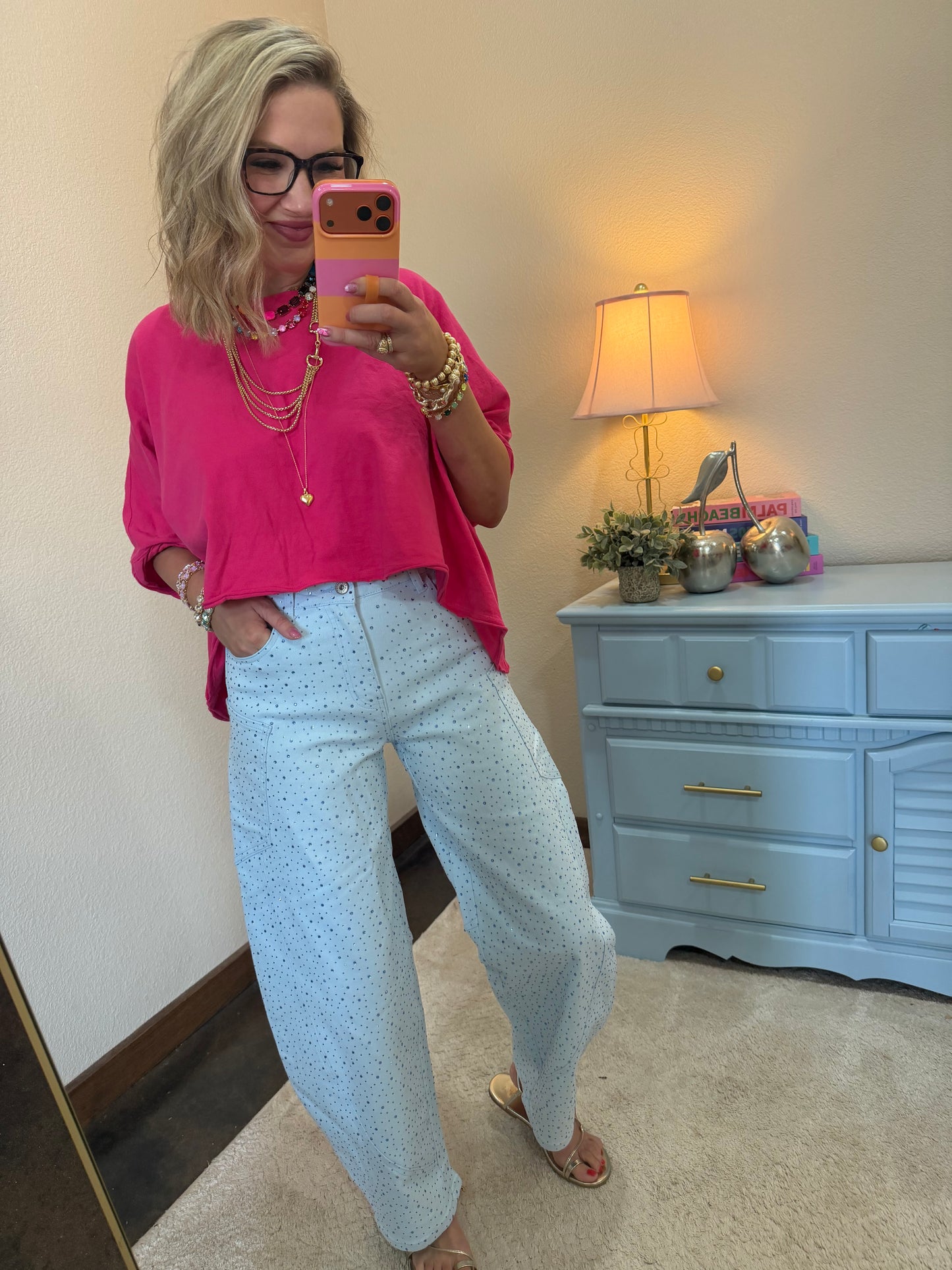 Blue Rhinestone Barrel Jeans