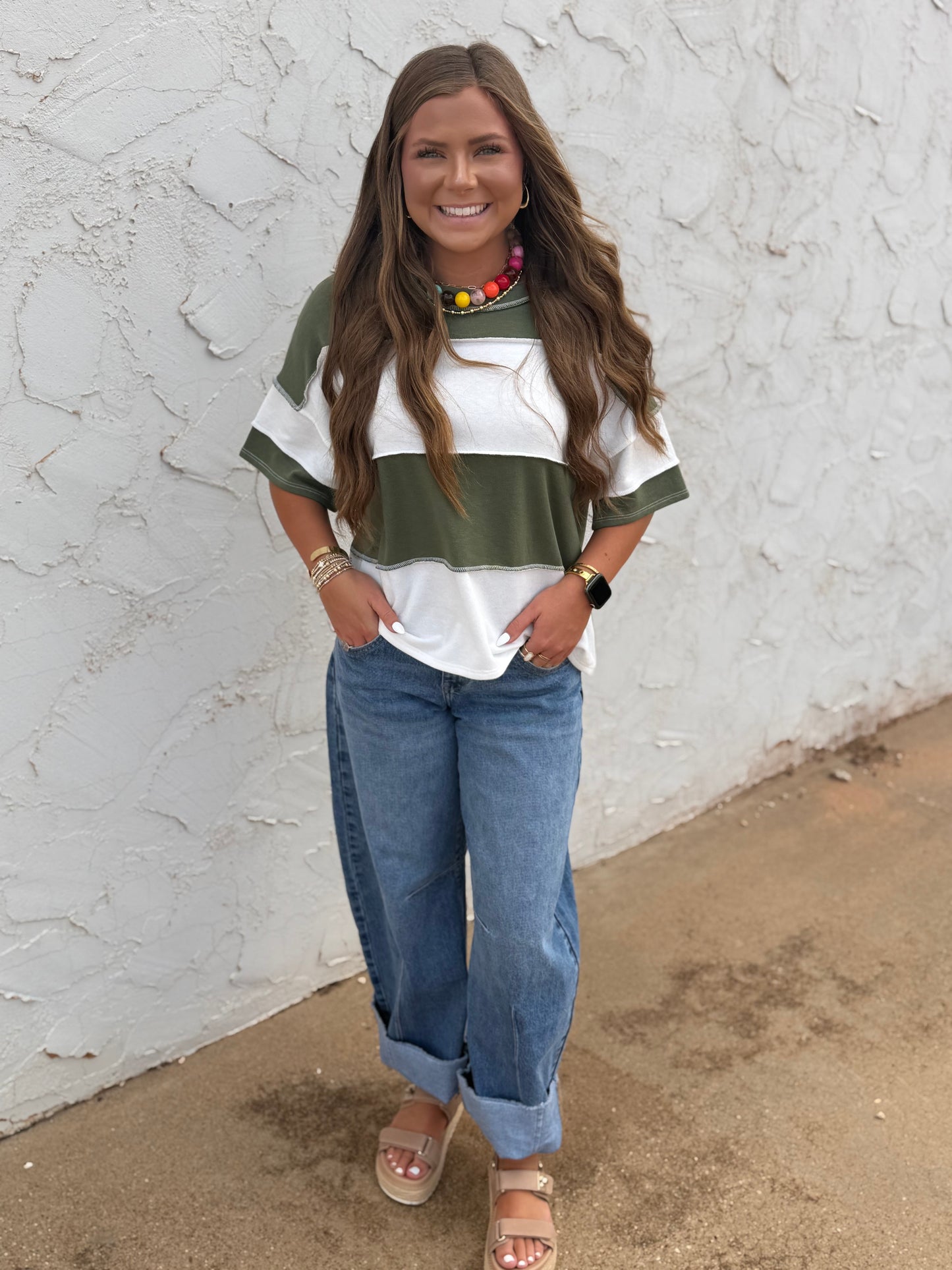 Olive French Terry Color Block Exposed Hem Top