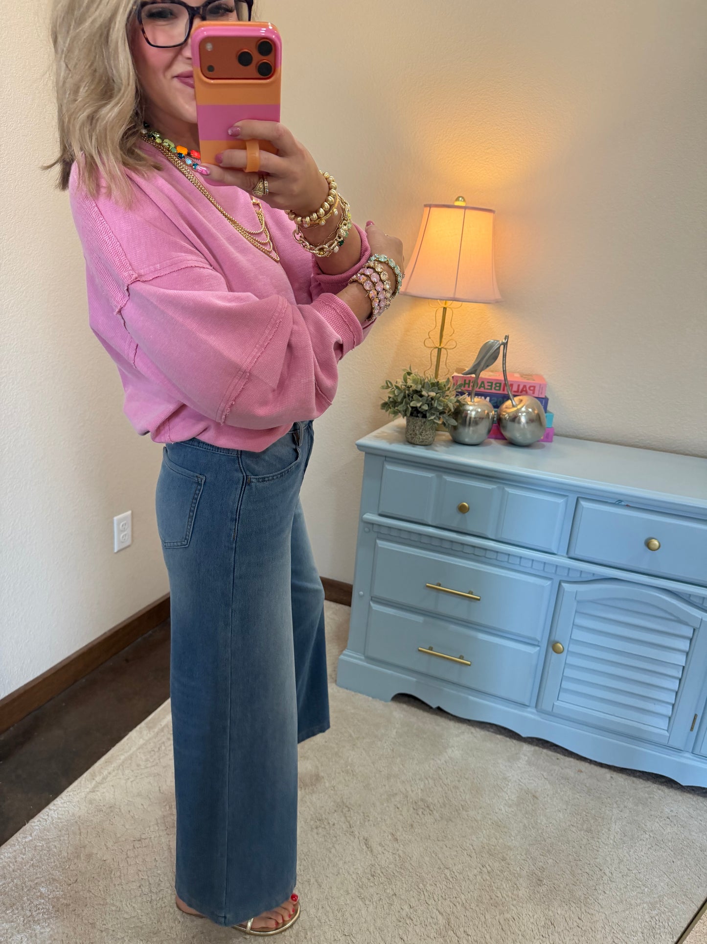 Pink Mineral Wash Oversized Raw Edge Crew Neck Top