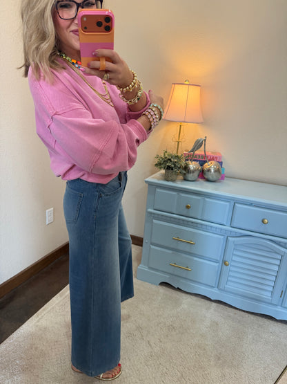 Pink Mineral Wash Oversized Raw Edge Crew Neck Top