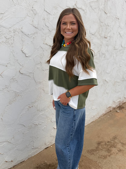 Olive French Terry Color Block Exposed Hem Top