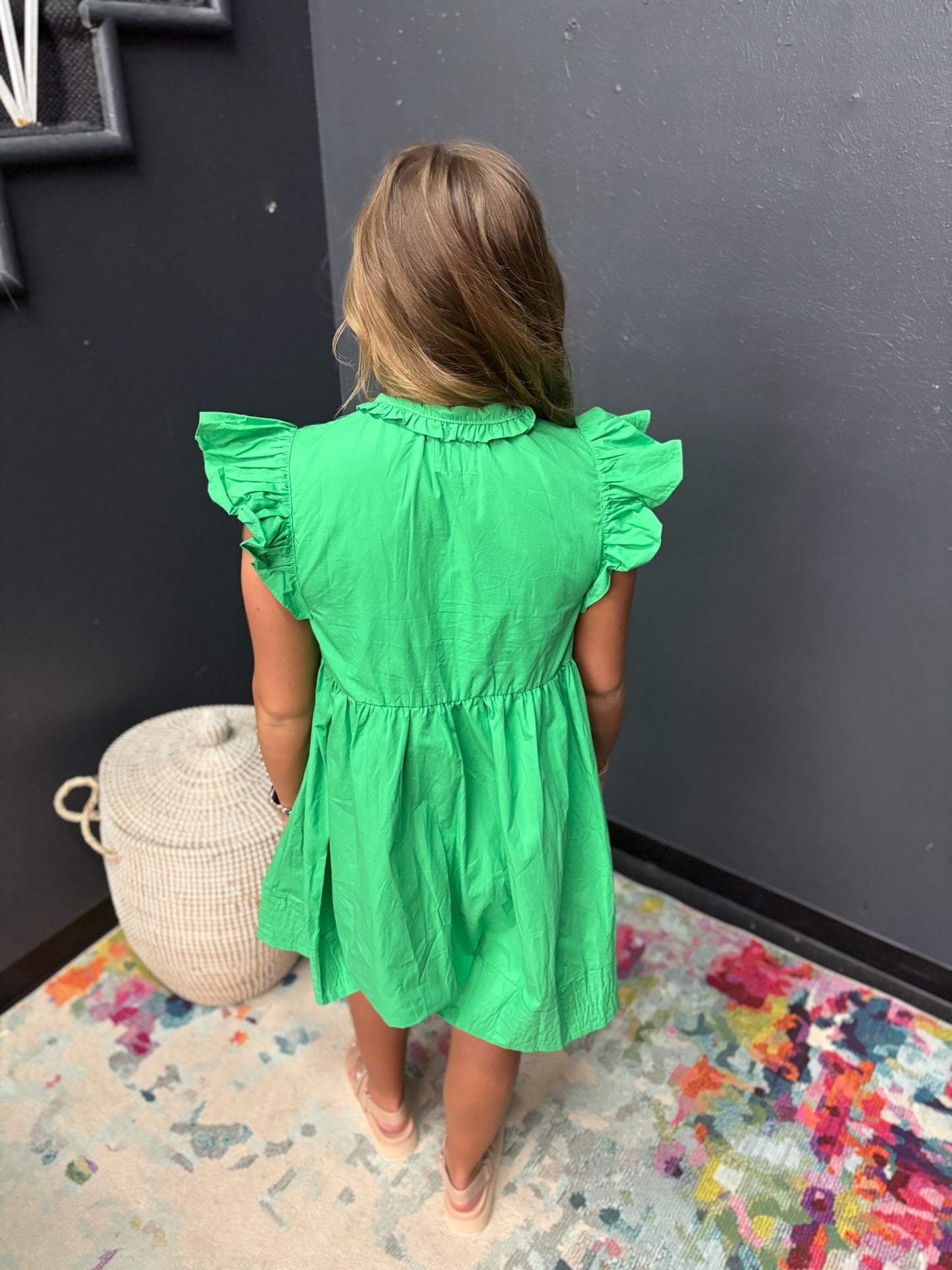 Green Ruffle Sleeve Cutout Mini Dress