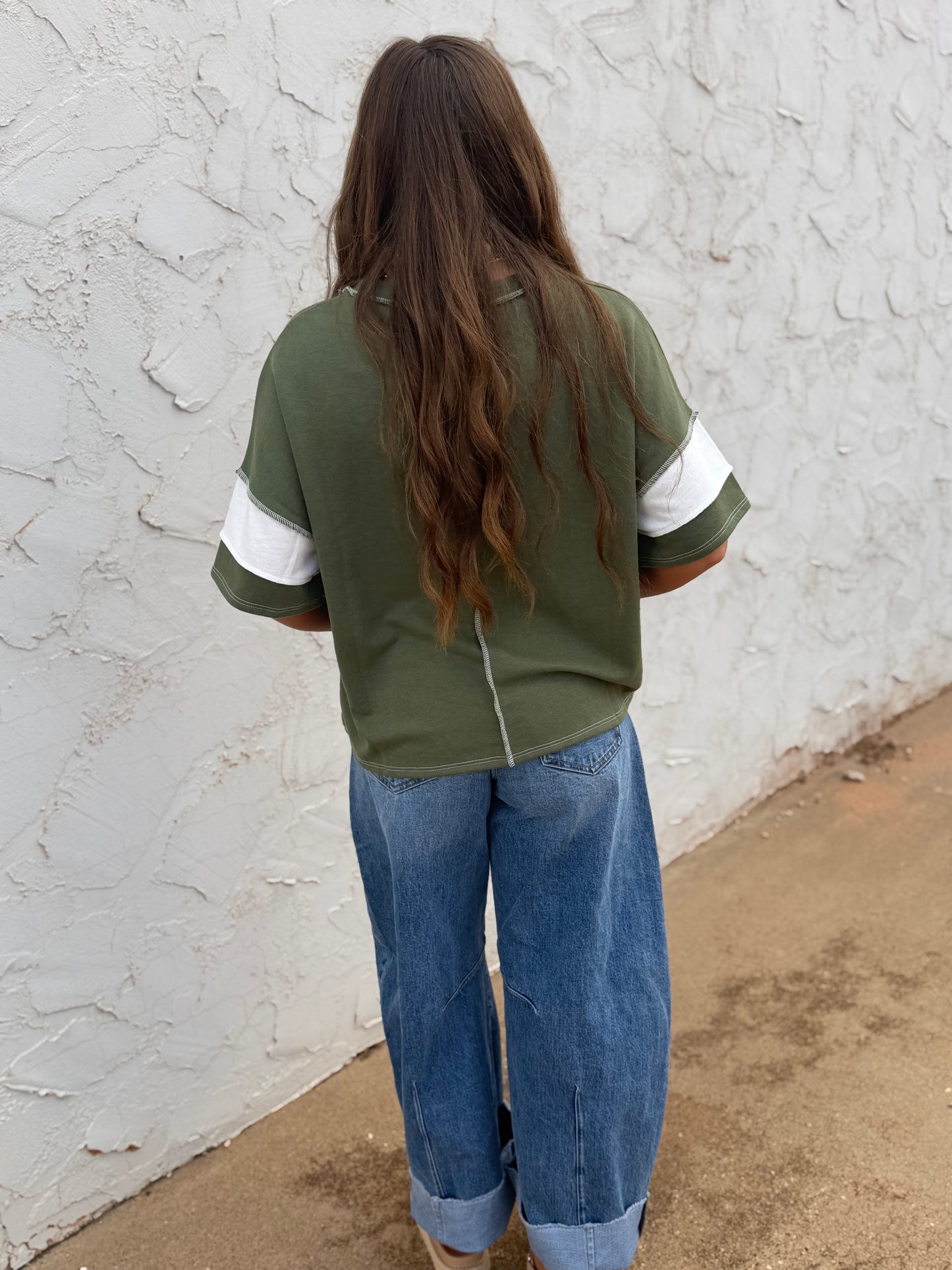 Olive French Terry Color Block Exposed Hem Top