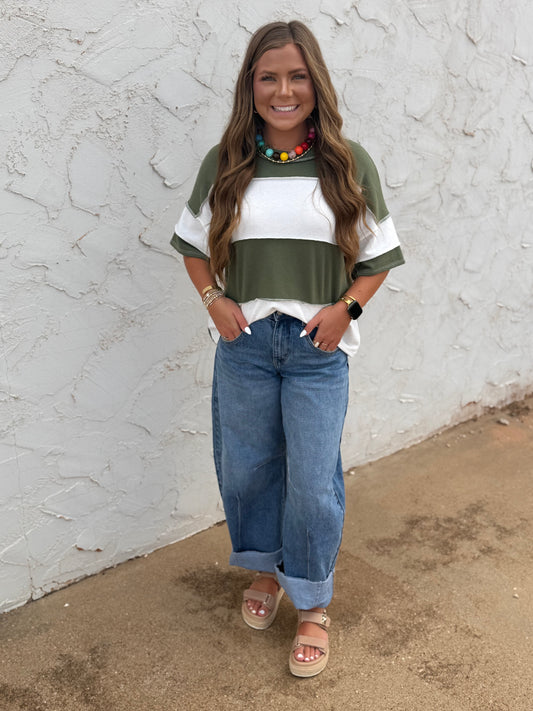 Olive French Terry Color Block Exposed Hem Top