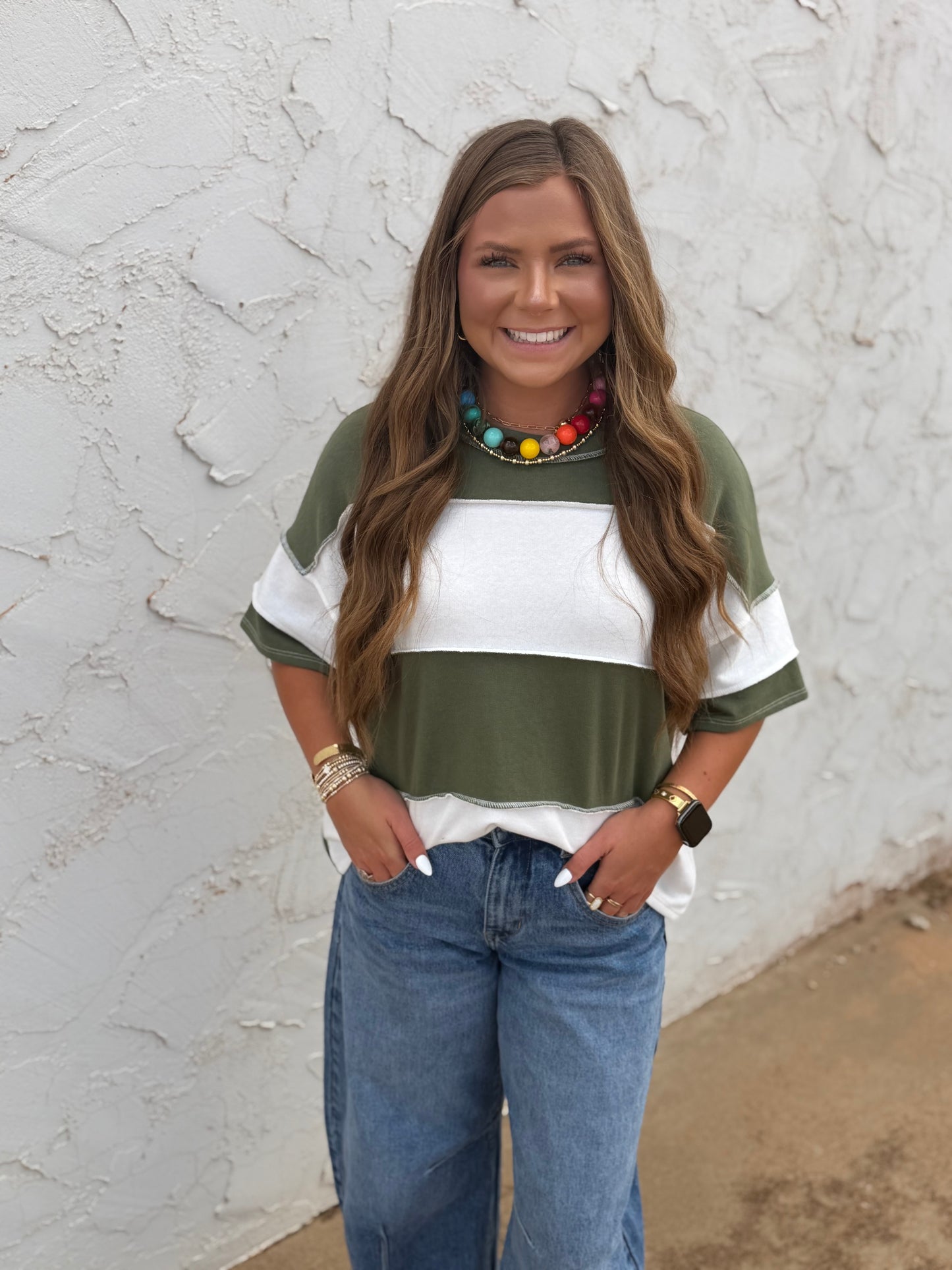 Olive French Terry Color Block Exposed Hem Top