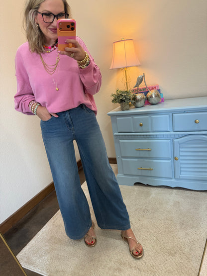 Pink Mineral Wash Oversized Raw Edge Crew Neck Top