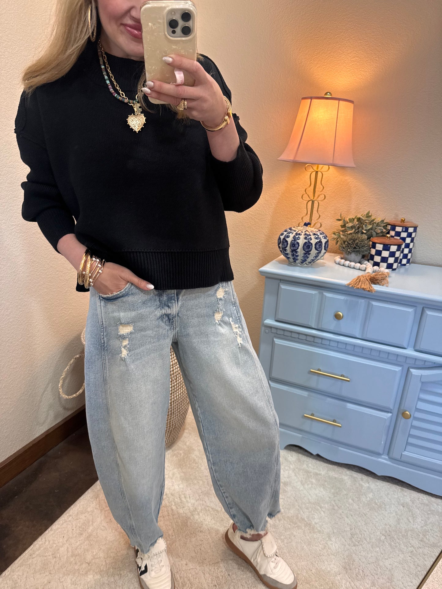Black Waist Length Mock Neck Sweater