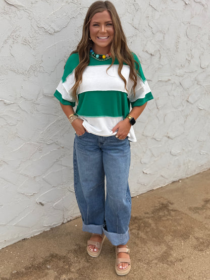 Kelly Green French Terry Color Block Exposed Hem Top