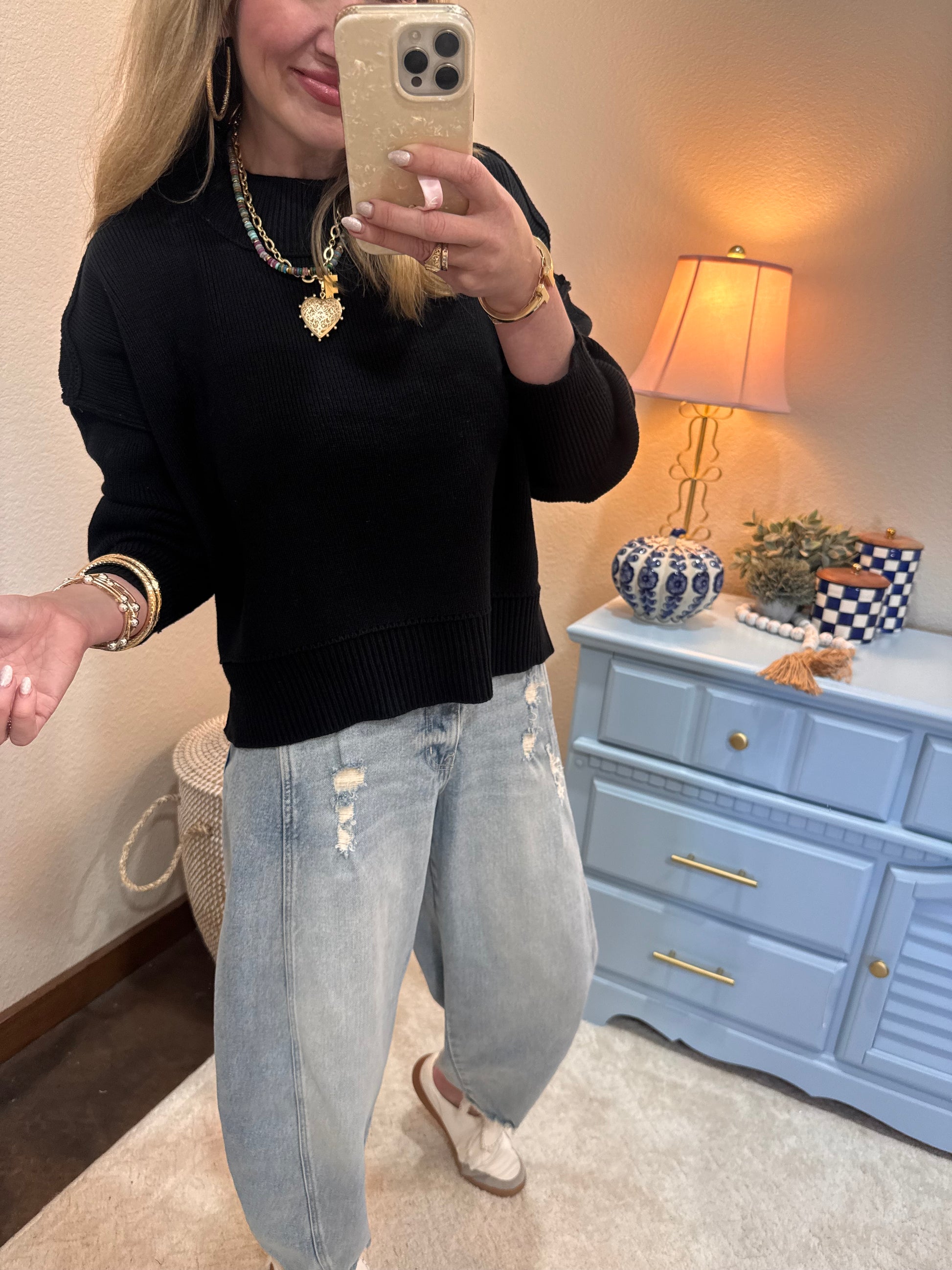 Black Waist Length Mock Neck Sweater