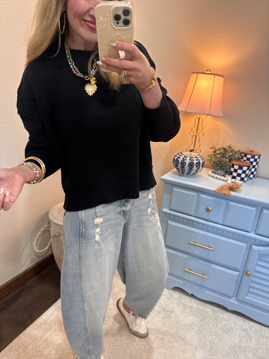 Black Waist Length Mock Neck Sweater