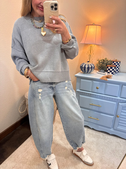 H Grey Waist Length Mock Neck Sweater