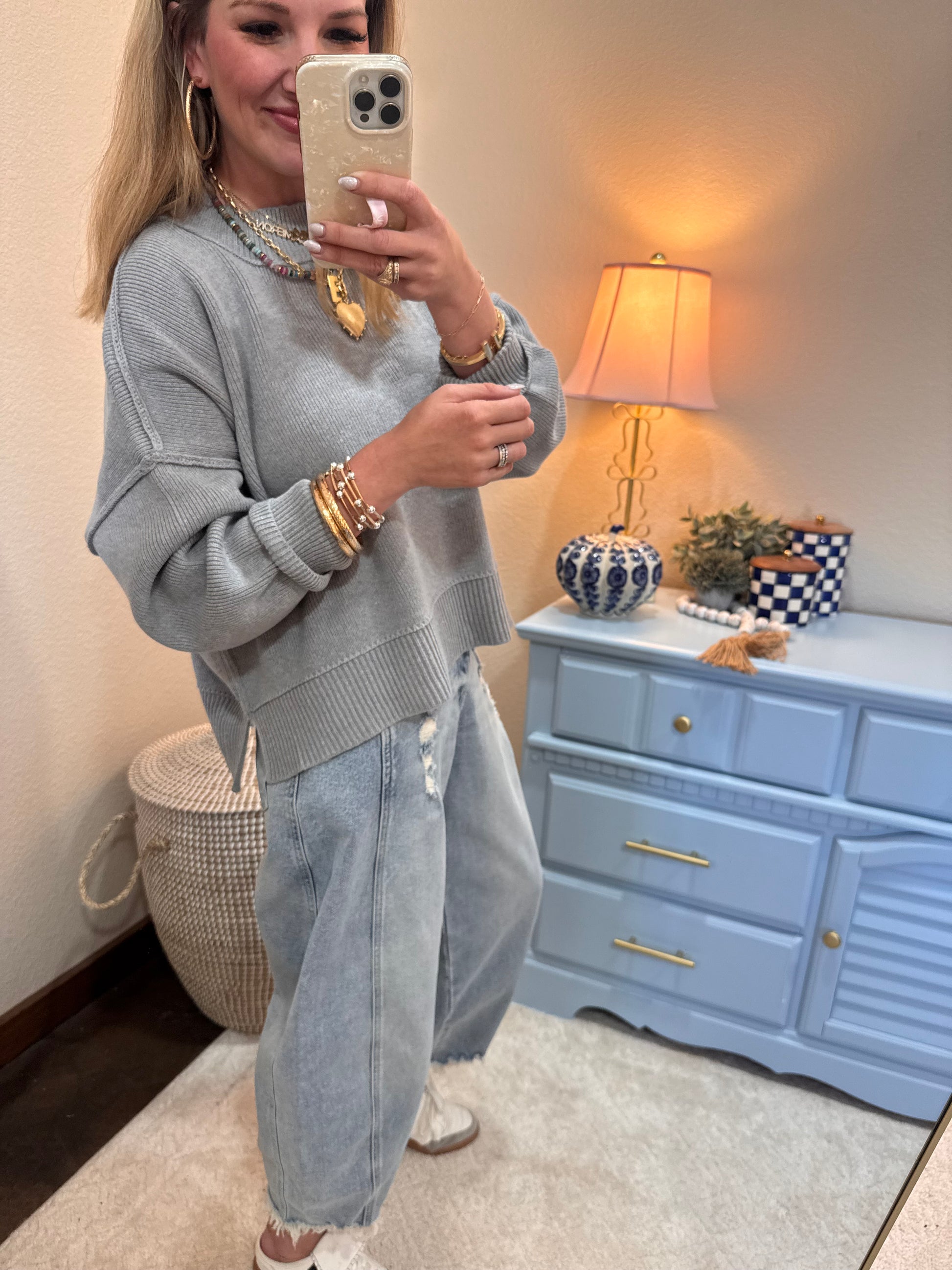 H Grey Waist Length Mock Neck Sweater