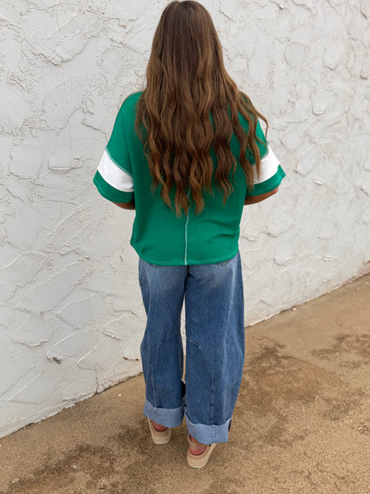 Kelly Green French Terry Color Block Exposed Hem Top