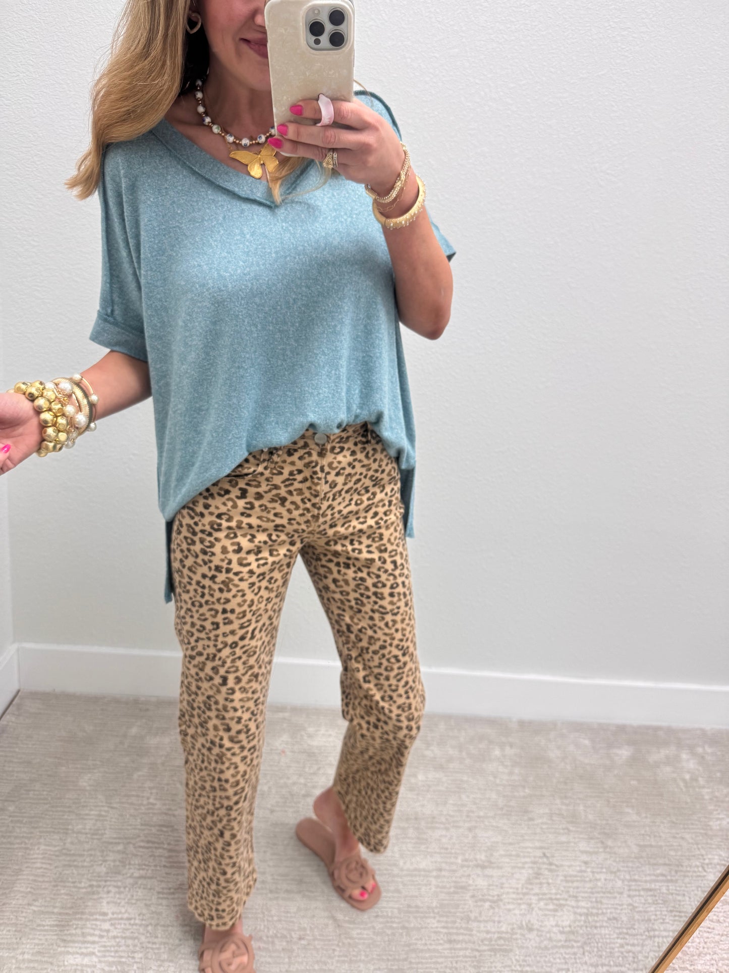Dusty Teal Melange Hacci V-Neck Hi-Low Tee