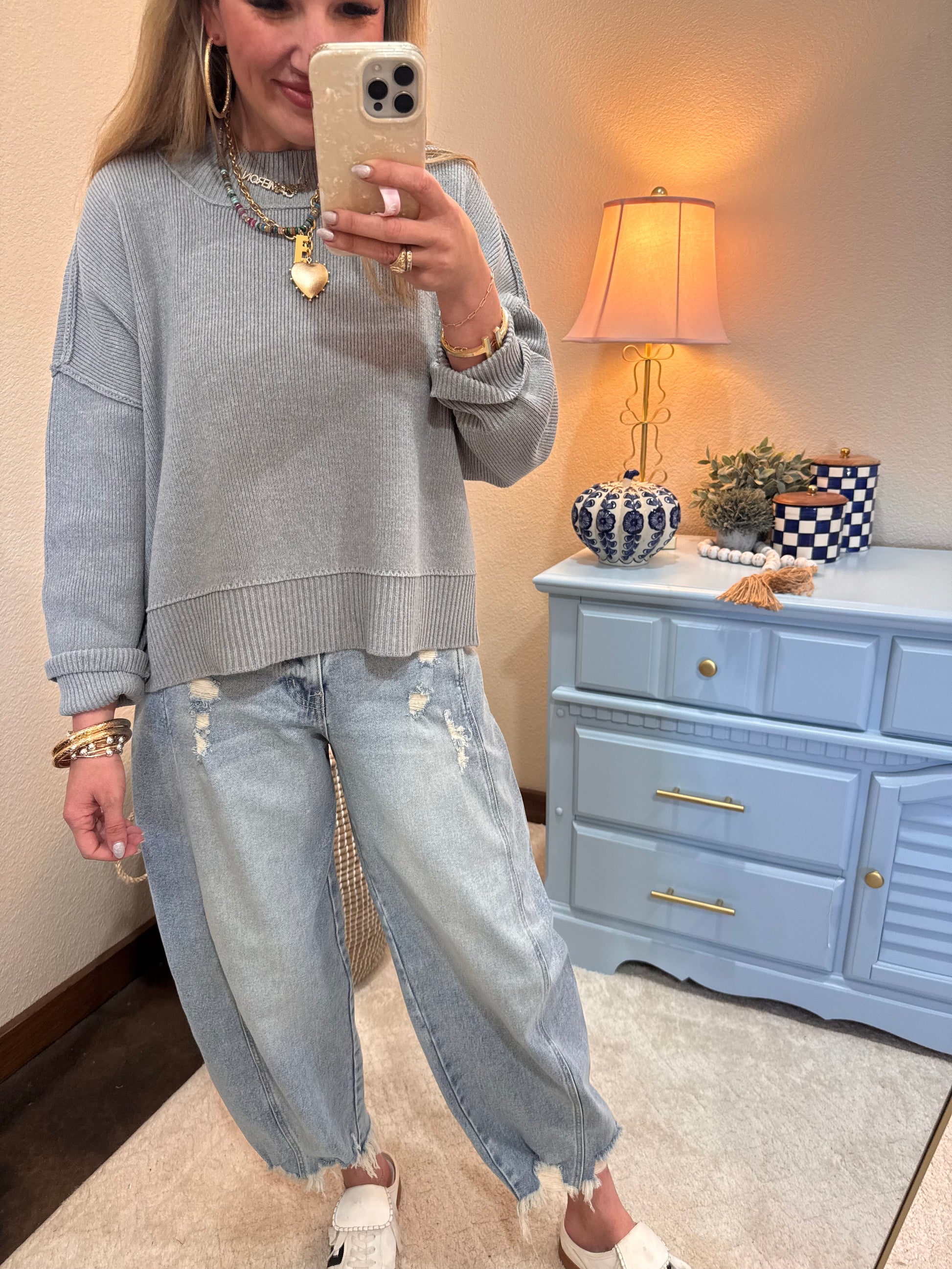 H Grey Waist Length Mock Neck Sweater