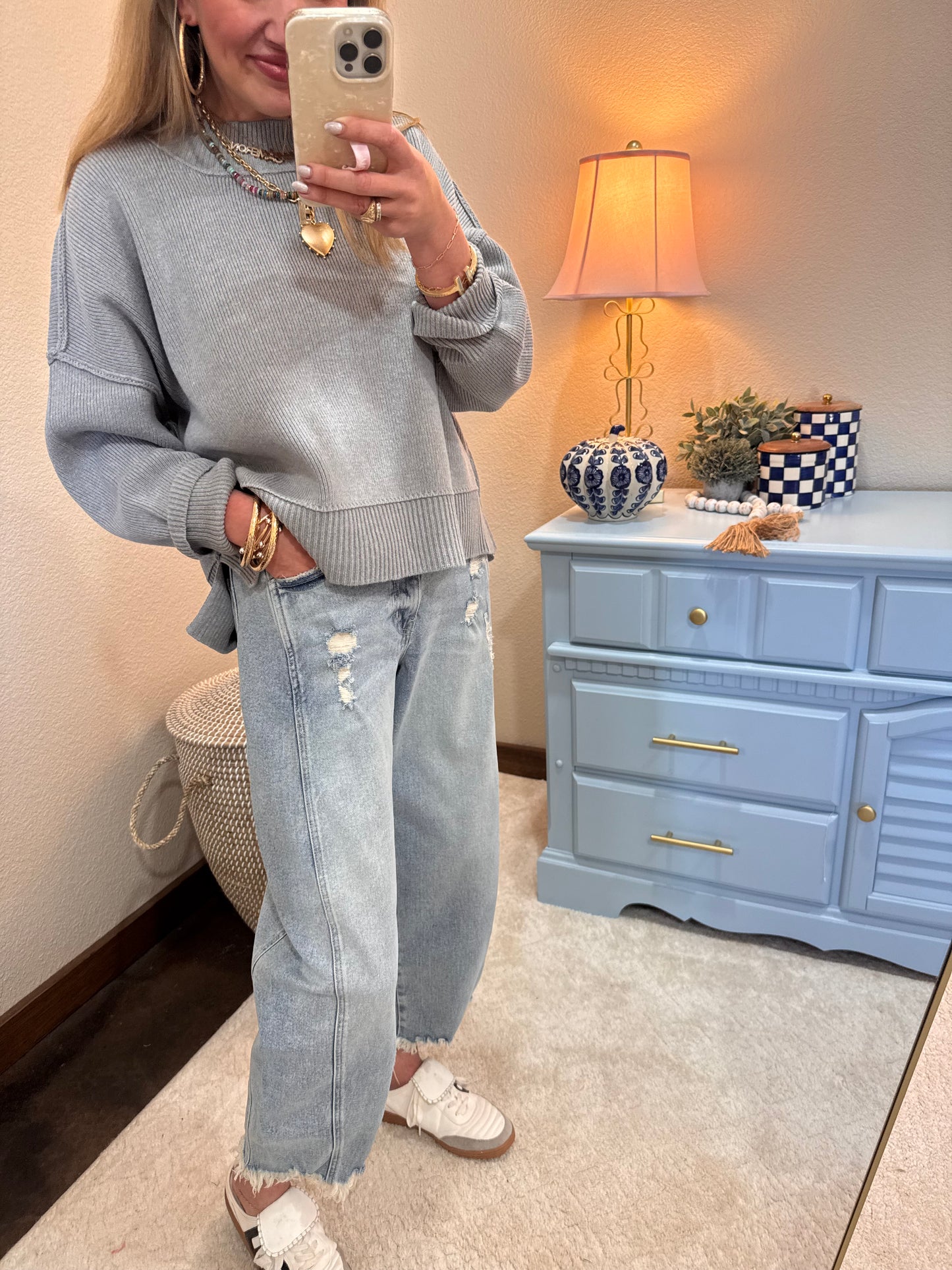 H Grey Waist Length Mock Neck Sweater