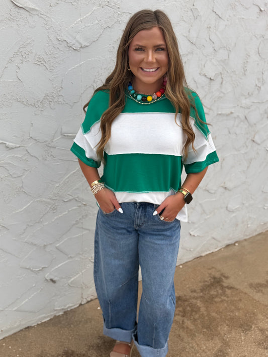 Kelly Green French Terry Color Block Exposed Hem Top